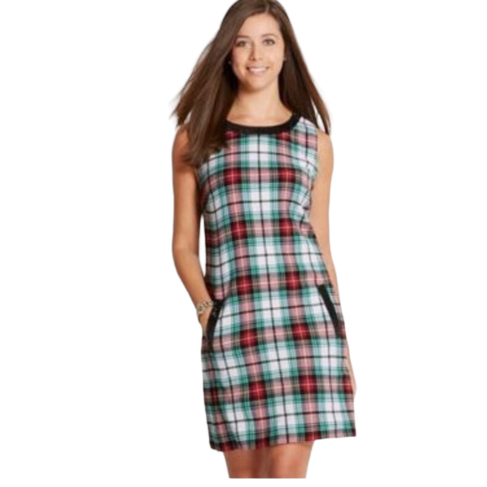 VINEYARD Vines Wool Sequin Trim Tartan Plaid Shift Dress Size 14